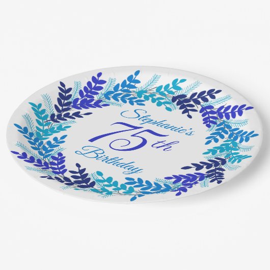 ブルーエレガントリース75誕生日 ペーパープレート (アングル)