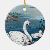 ブルーエレガントレイクでベビーとホワイトマザースワン セラミックオーナメント (正面)