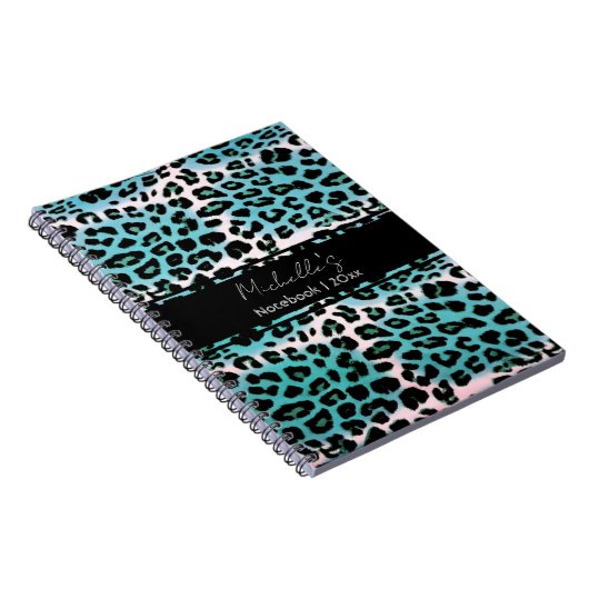 ブルーエレガントレオパードアニマルプリントパーソナライズされた ノートブック (右側)