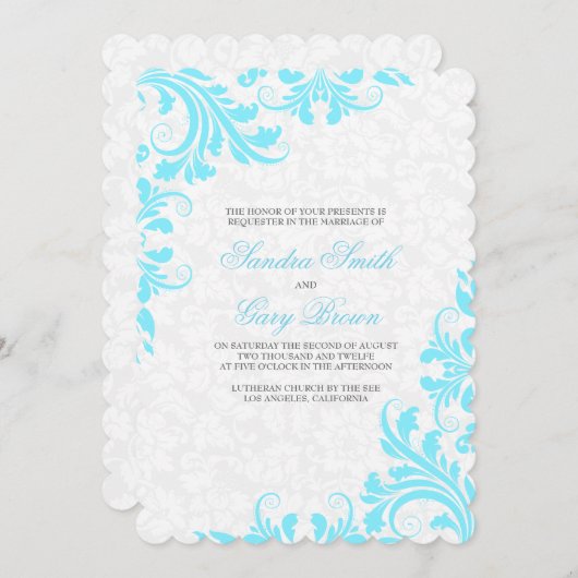 ブルーエレガントレースホワイトダマスクウェディング招待 招待状 (正面/裏面)