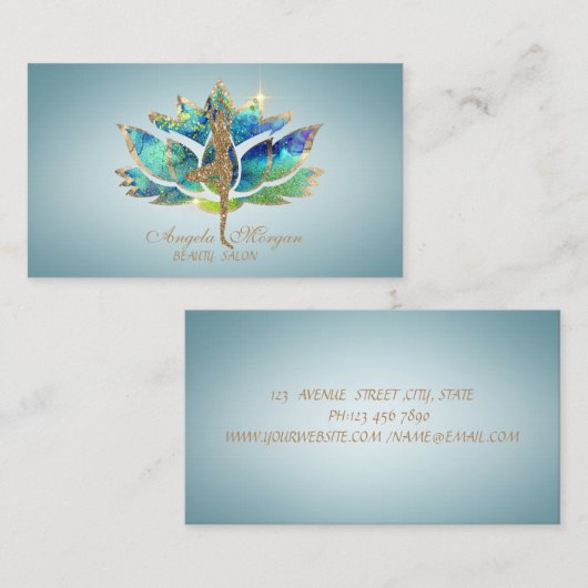 ブルーエレガントロータスフラワーグリッターヨガガガール 名刺 (正面/裏面)