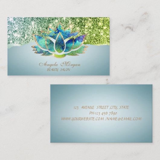 ブルーエレガントロータスフラワーグリッター縁ど 名刺 (正面/裏面)