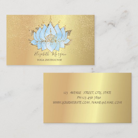 ブルーエレガントロータス金ゴールド紙吹雪ヨガ 名刺 (正面/裏面)