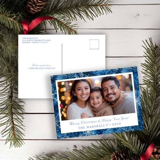 ブルーエレガントヴィンテージスノーフレークスホリデーフォト シーズンポストカード