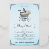 ブルーエレガントヴィンテージフォイル赤ちゃんシャワー招待状 箔招待状 (正面)
