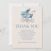 ブルーエレガントヴィンテージベビーキャリッジベビーシャワー サンキューカード (正面)