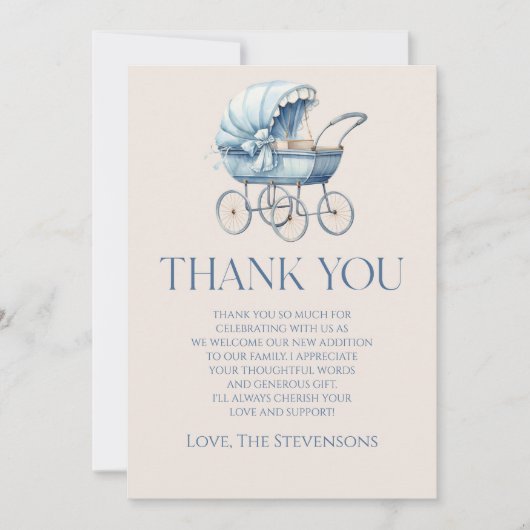 ブルーエレガントヴィンテージベビーキャリッジベビーシャワー サンキューカード (正面)