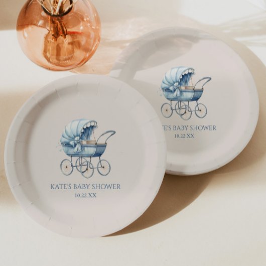 ブルーエレガントヴィンテージベビーキャリッジベビーシャワー ペーパープレート