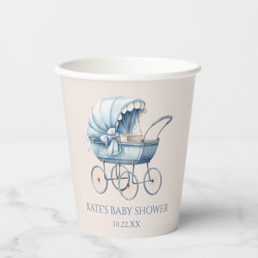 ブルーエレガントヴィンテージベビーキャリッジベビーシャワー 紙コップ (正面)