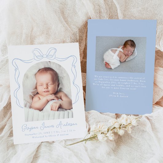 ブルーエレガントヴィンテージボウフォト誕生 案内状