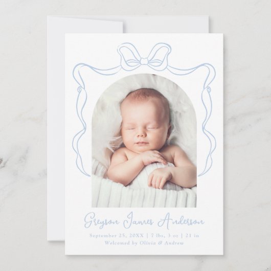 ブルーエレガントヴィンテージボウフォト誕生 案内状 (正面)