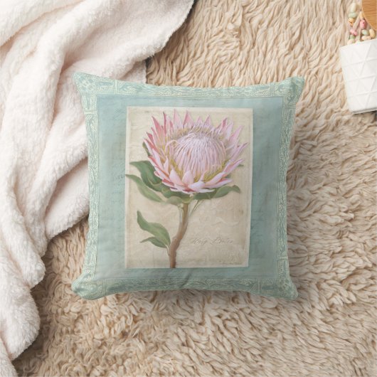 ブルーエレガントヴィンテージモダンフローラピンクプロテア クッション (ブランケット)