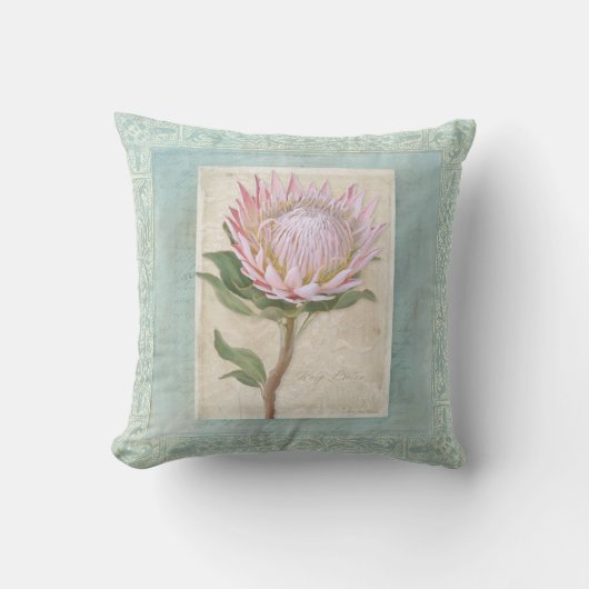 ブルーエレガントヴィンテージモダンフローラピンクプロテア クッション (正面)
