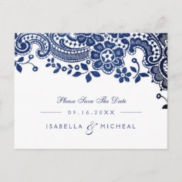 ブルーエレガントヴィンテージレース結婚式の日付を保存 案内ポストカード