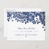 ブルーエレガントヴィンテージレース結婚式の日付を保存 案内ポストカード (正面/裏面)