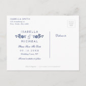 ブルーエレガントヴィンテージレース結婚式の日付を保存 案内ポストカード (裏面)