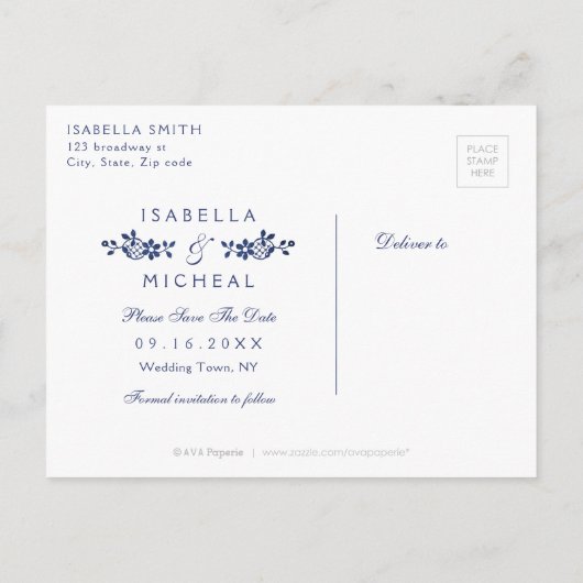 ブルーエレガントヴィンテージレース結婚式の日付を保存 案内ポストカード (裏面)