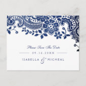 ブルーエレガントヴィンテージレース結婚式の日付を保存 案内ポストカード (正面)