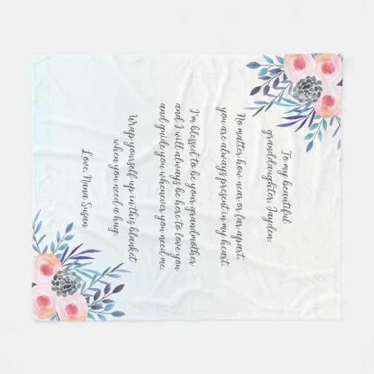 ブルーエレガント引用文カスタムフローラ孫娘 フリースブランケット (正面(横))