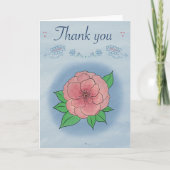 ブルーエレガント折り畳みサンキューカード上のピンクの花 サンキューカード (正面)