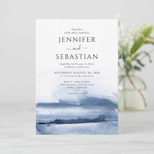 ブルーエレガント抽象芸術ウォーターカラーエステリア結婚ズ 招待状 (スタンド正面)