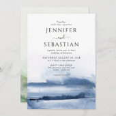 ブルーエレガント抽象芸術ウォーターカラーエステリア結婚ズ 招待状 (正面/裏面)