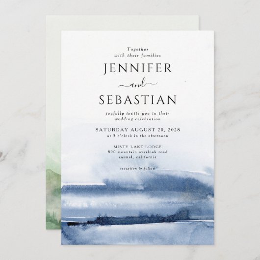 ブルーエレガント抽象芸術ウォーターカラーエステリア結婚ズ 招待状 (正面/裏面)