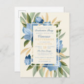 ブルーエレガント春デイジー植物卒業 インビテーションポストカード (正面/裏面)