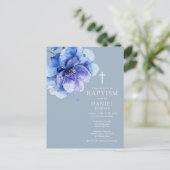 ブルーエレガント水彩花モチーフ洗礼招待状 ポストカード (スタンド正面)