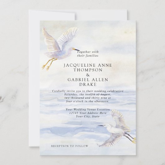 ブルーエレガント海ビーチコースタルクレーンw写真 招待状 (正面)