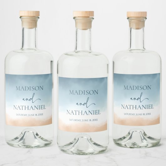 ブルーエレガント海ビーチショアサンド結婚ズ リキュールボトルラベル (ボトル)