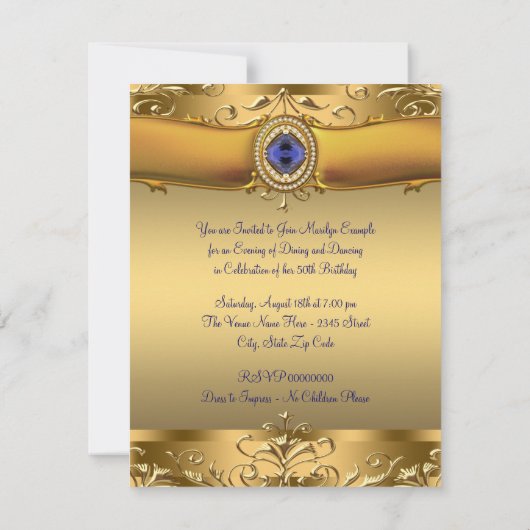 ブルーエレガント王室のと金ゴールド50th誕生日パーティー 招待状 (裏面)