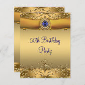ブルーエレガント王室のと金ゴールド50th誕生日パーティー 招待状 (正面/裏面)
