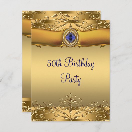 ブルーエレガント王室のと金ゴールド50th誕生日パーティー 招待状 (正面/裏面)
