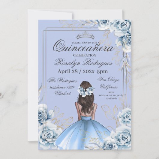 ブルーエレガント王室のキンセニェラ誕生日 招待状 (正面)