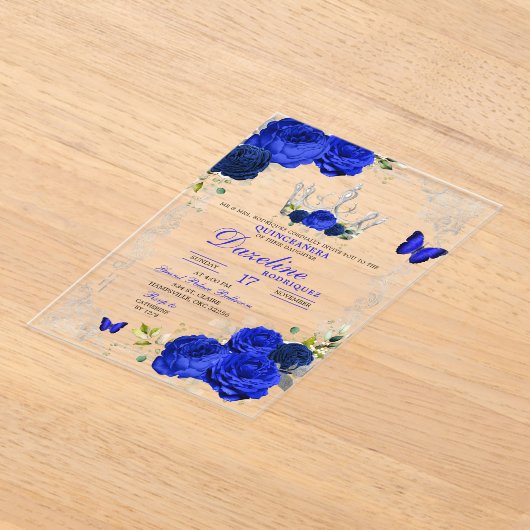 ブルーエレガント王室のクラウンキンセアニェラ アクリル招待状 (レイダウン)