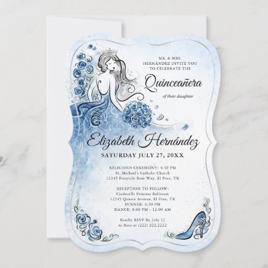 ブルーエレガント王室のシルバープリンセスカリン誕生日 招待状 (正面)