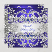 ブルーエレガント王室のダイアモンズシルバーフローラ誕生日 招待状 (正面/裏面)