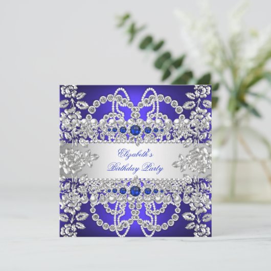ブルーエレガント王室のダイアモンズシルバーフローラ誕生日 招待状 (スタンド正面)