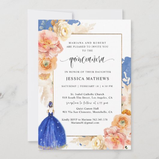 ブルーエレガント王室のフローラプリンセスキンセアニラ 招待状 (正面)