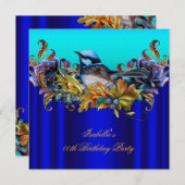 ブルーエレガント王室のブルーバードティール（緑がかった色）金ゴールド誕生日 招待状 (正面/裏面)