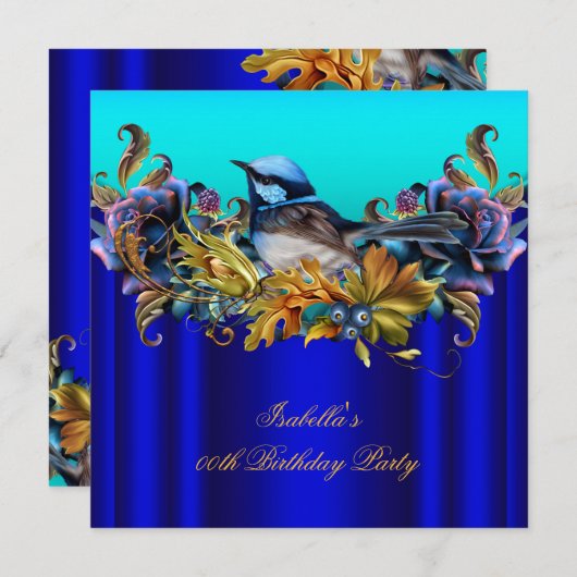 ブルーエレガント王室のブルーバードティール（緑がかった色）金ゴールド誕生日 招待状 (正面/裏面)