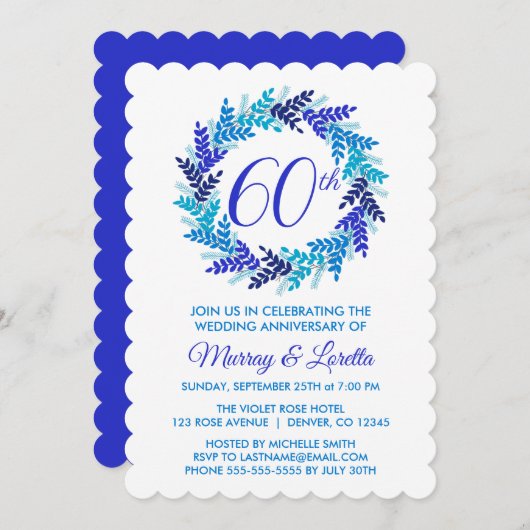 ブルーエレガント王室のリース60結婚周年記念 招待状 (正面/裏面)
