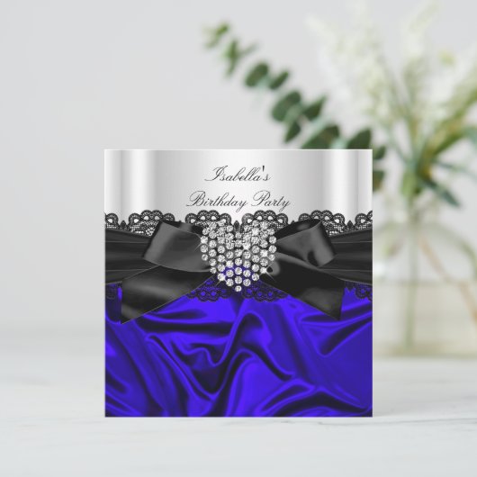 ブルーエレガント王室の白黒ダイヤモンド誕生日 招待状 (スタンド正面)