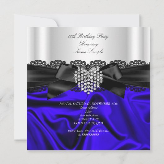 ブルーエレガント王室の白黒ダイヤモンド誕生日 招待状 (裏面)