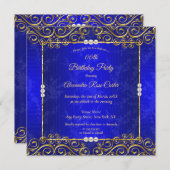 ブルーエレガント王室の金ゴールドクリームパールバースデーパーティー 招待状 (正面/裏面)