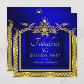 ブルーエレガント王室の金ゴールドダマスク誕生日パーティー 招待状 (正面/裏面)