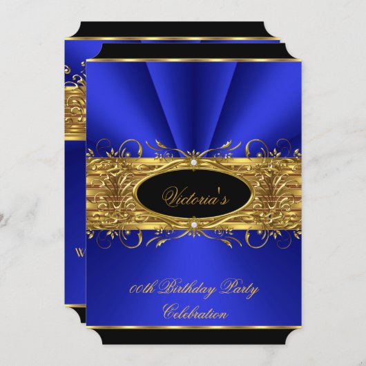 ブルーエレガント王室の金ゴールドブラック誕生日パーティー2 招待状 (正面/裏面)