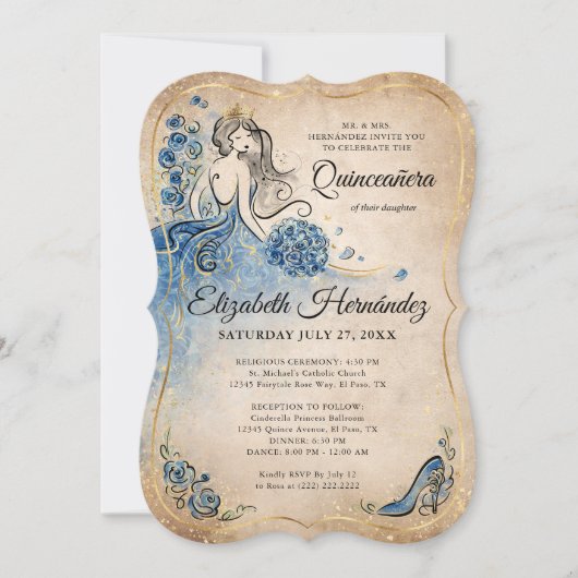 ブルーエレガント王室の金ゴールドプリンセスクリン誕生日 招待状 (正面)