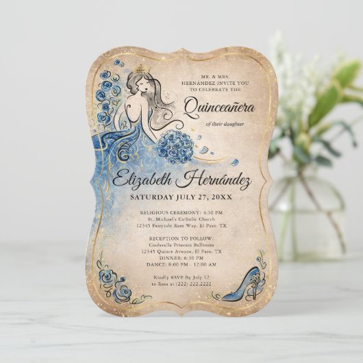 ブルーエレガント王室の金ゴールドプリンセスクリン誕生日 招待状 (スタンド正面)